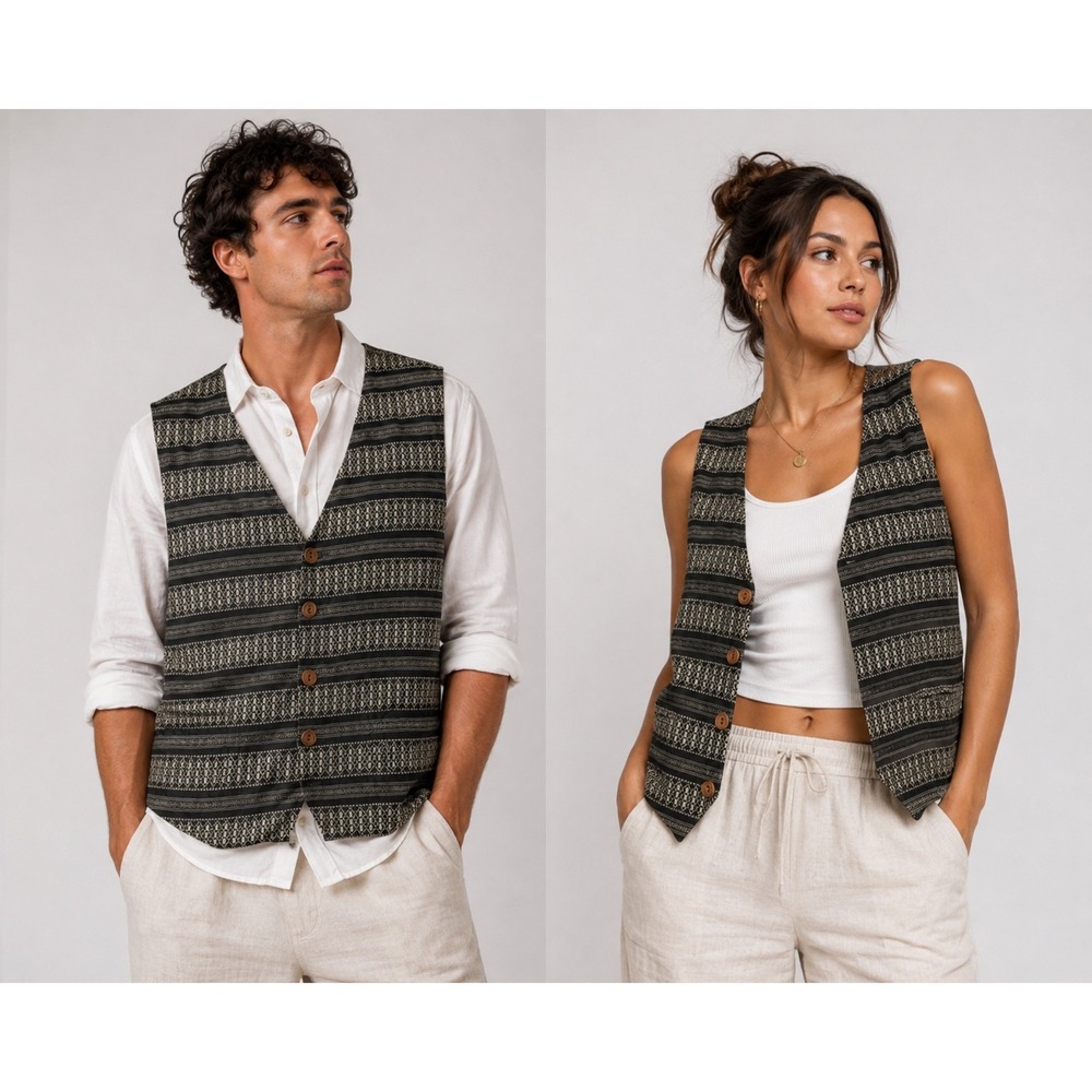 Vintage 90s Jacquard grunge vest outerwear cotton linen black gray by Paragraff